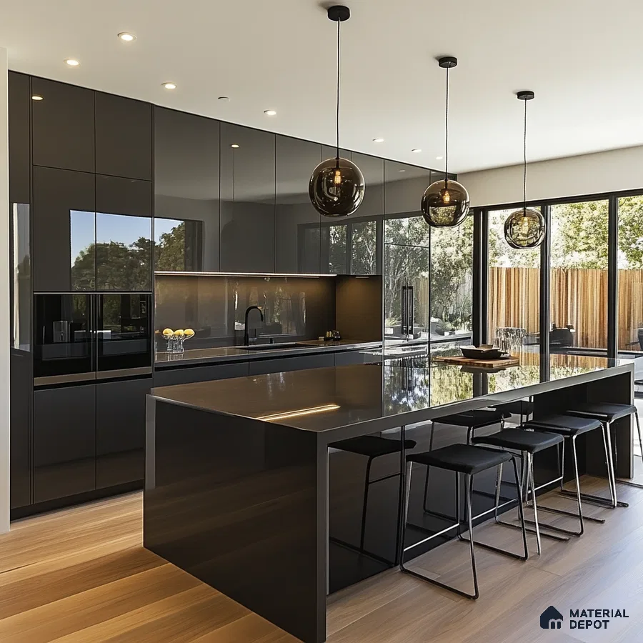 Modern Elegance in Monochrome: Sleek Kitchen Design with Reflective Black Surfaces | Material Depot