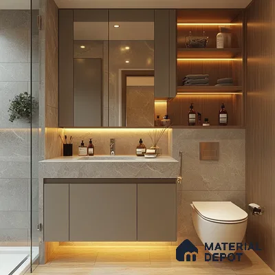 Modern Elegance: Sleek Bathroom Vanity with Ambient Lighting and Marble Finishes | Material Depot