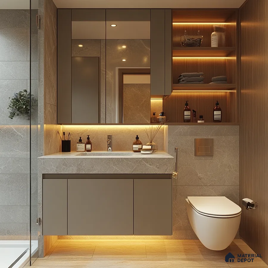 Modern Elegance: Sleek Bathroom Vanity with Ambient Lighting and Marble Finishes | Material Depot