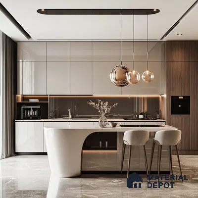 Modern Elegance: Striking Kitchen Design with Curved Island and Reflective Metallic Accents | Material Depot