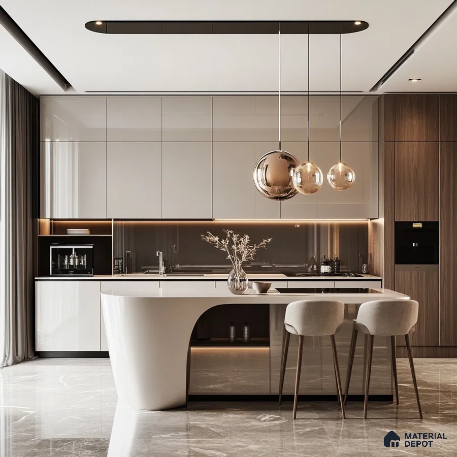 Modern Elegance: Striking Kitchen Design with Curved Island and Reflective Metallic Accents | Material Depot