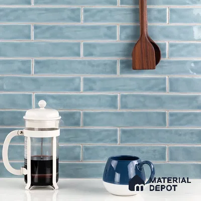 Modern Elegance White Countertop with Blue Light-Textured Wall Tiles | Material Depot