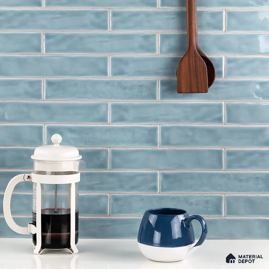 Modern Elegance White Countertop with Blue Light-Textured Wall Tiles | Material Depot
