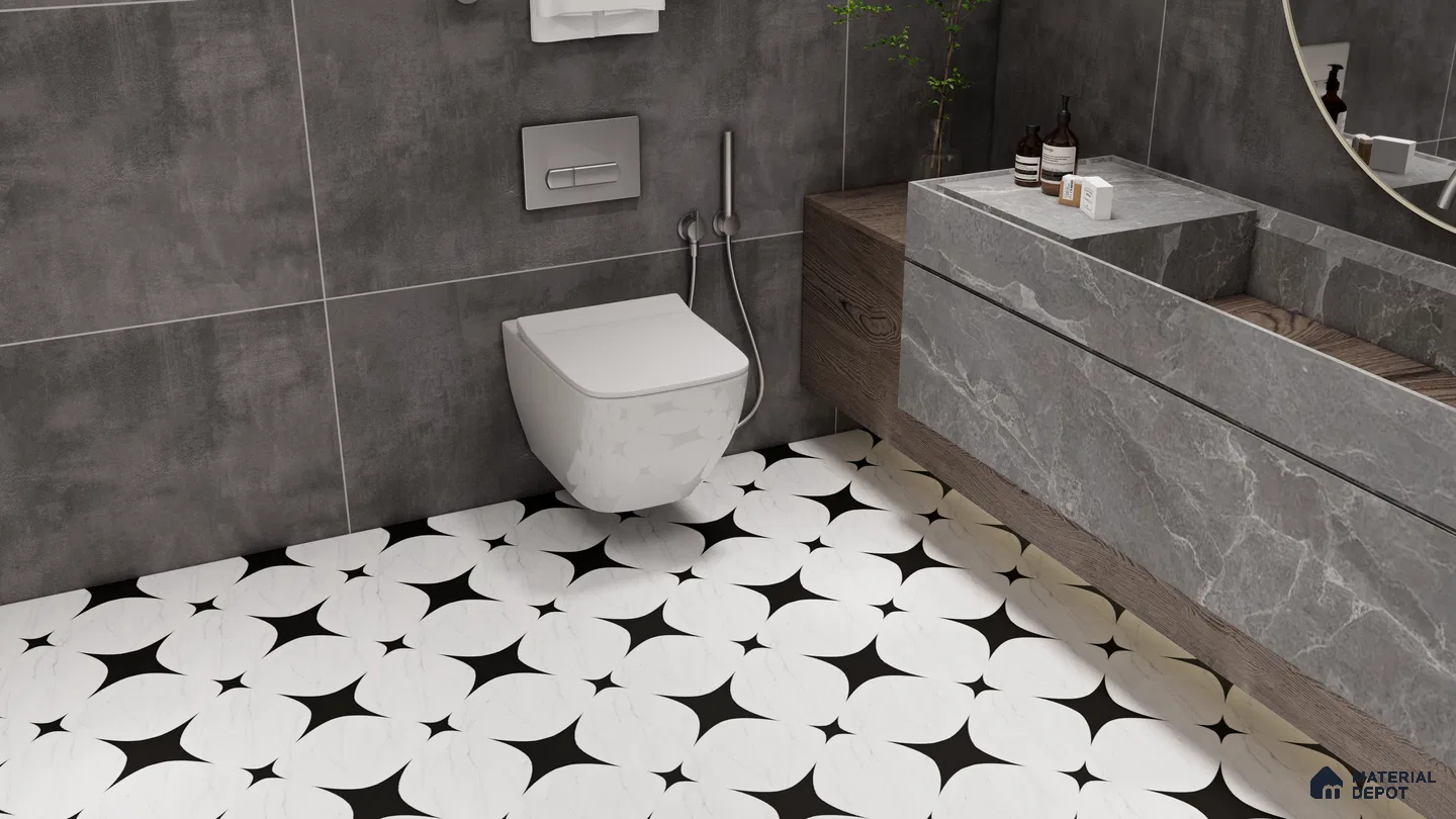 Modern Elegance with Black and White Patterned Tiles in a Contemporary Bathroom | Material Depot
