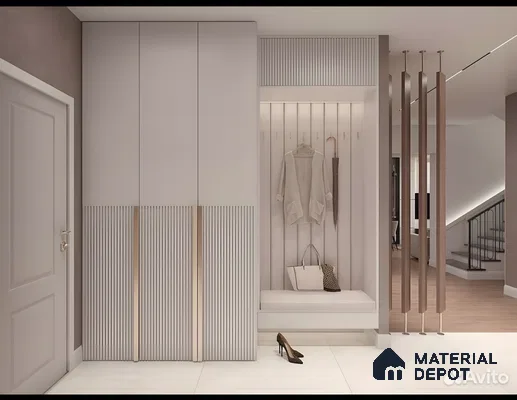 Modern Entrance Wardrobe With Beige Wood And Fluted Panels | Material Depot