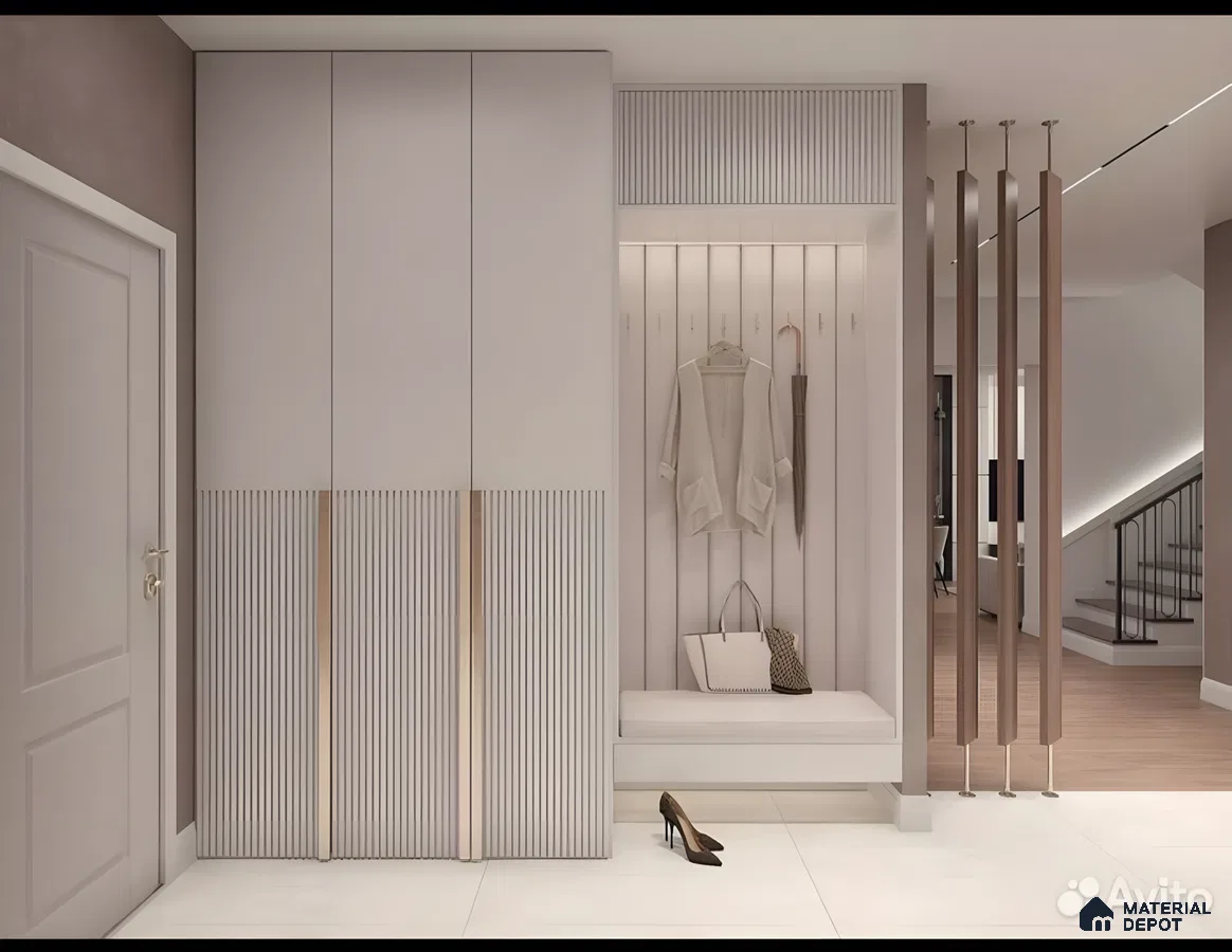 Modern Entrance Wardrobe With Beige Wood And Fluted Panels | Material Depot