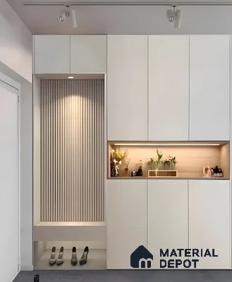 Modern Entryway Cabinet With Built-In Bench, Display Niche & Concealed Storage | Material Depot