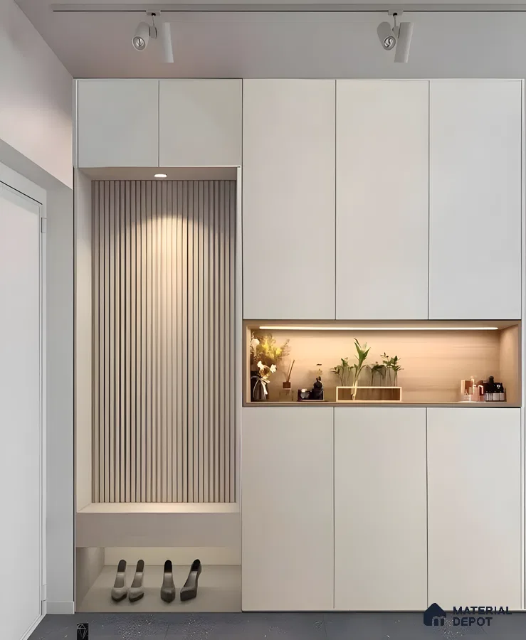 Modern Entryway Cabinet With Built-In Bench, Display Niche & Concealed Storage | Material Depot