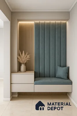 Modern Entryway Niche with Vertical Fluted Panel and Teal Upholstery in 3 BHK Sobha Palm Court, Yelahanka | Material Depot