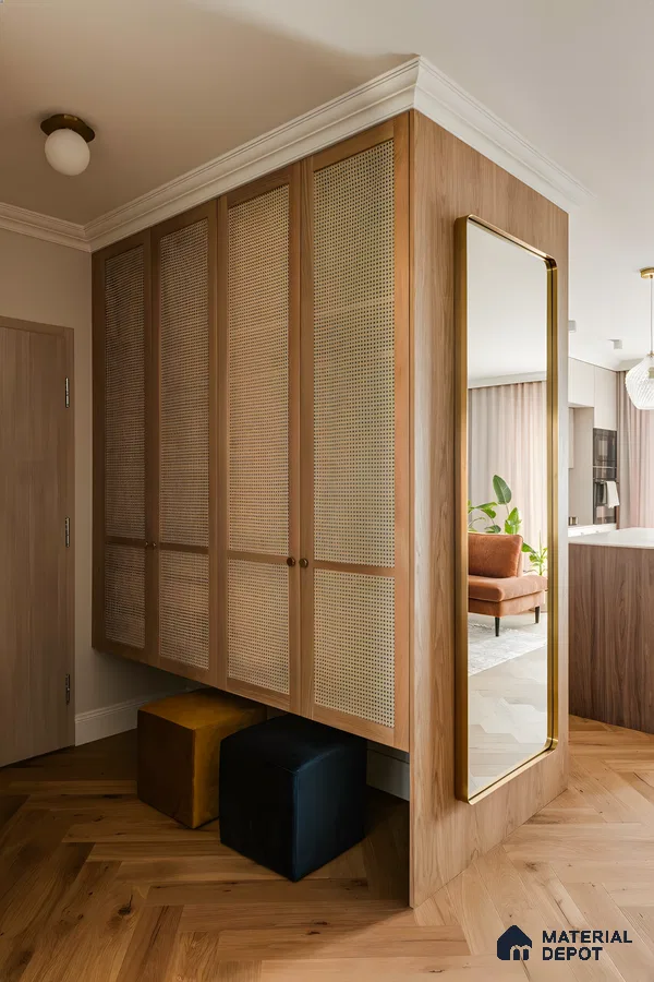 Modern Entryway with Rattan-Paneled Wardrobe and Full-Length Mirror | Material Depot