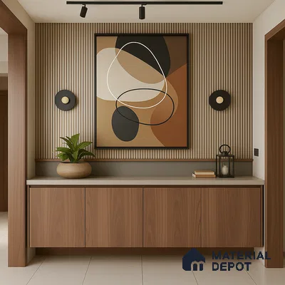Modern Entryway with Wooden Laminate Cabinets and Fluted Wall Panel Accent in 2BHK NCC Maple Heights, Whitefield | Material Depot