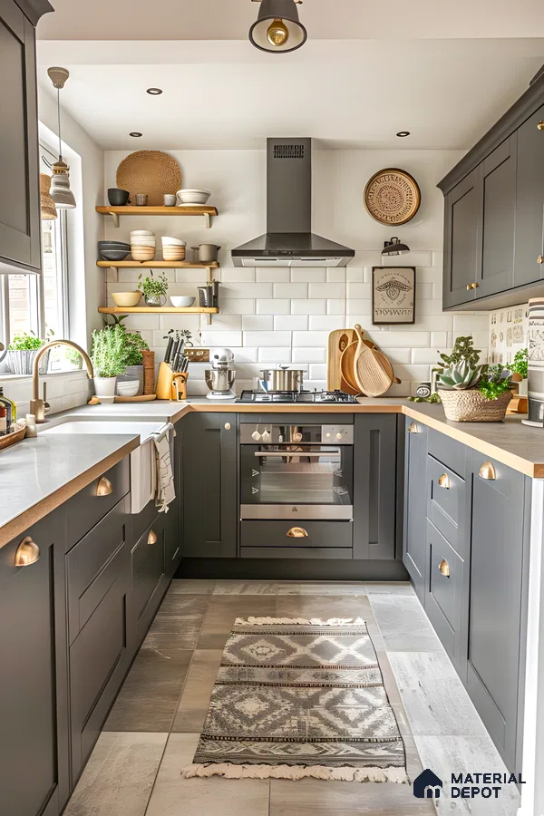 Modern farmhouse kitchen with dark cabinetry, subway tile backsplash, and rustic open shelving. | Material Depot