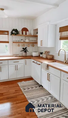 Modern Farmhouse Kitchen With White Cabinets, Wood Countertops, And Woven Runner Rug | Material Depot