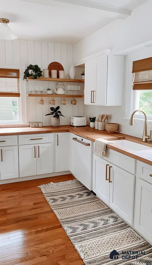 Modern Farmhouse Kitchen With White Cabinets, Wood Countertops, And Woven Runner Rug | Material Depot