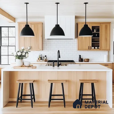 Modern Farmhouse Kitchen with Wood Accents and Black Pendant Lights | Material Depot