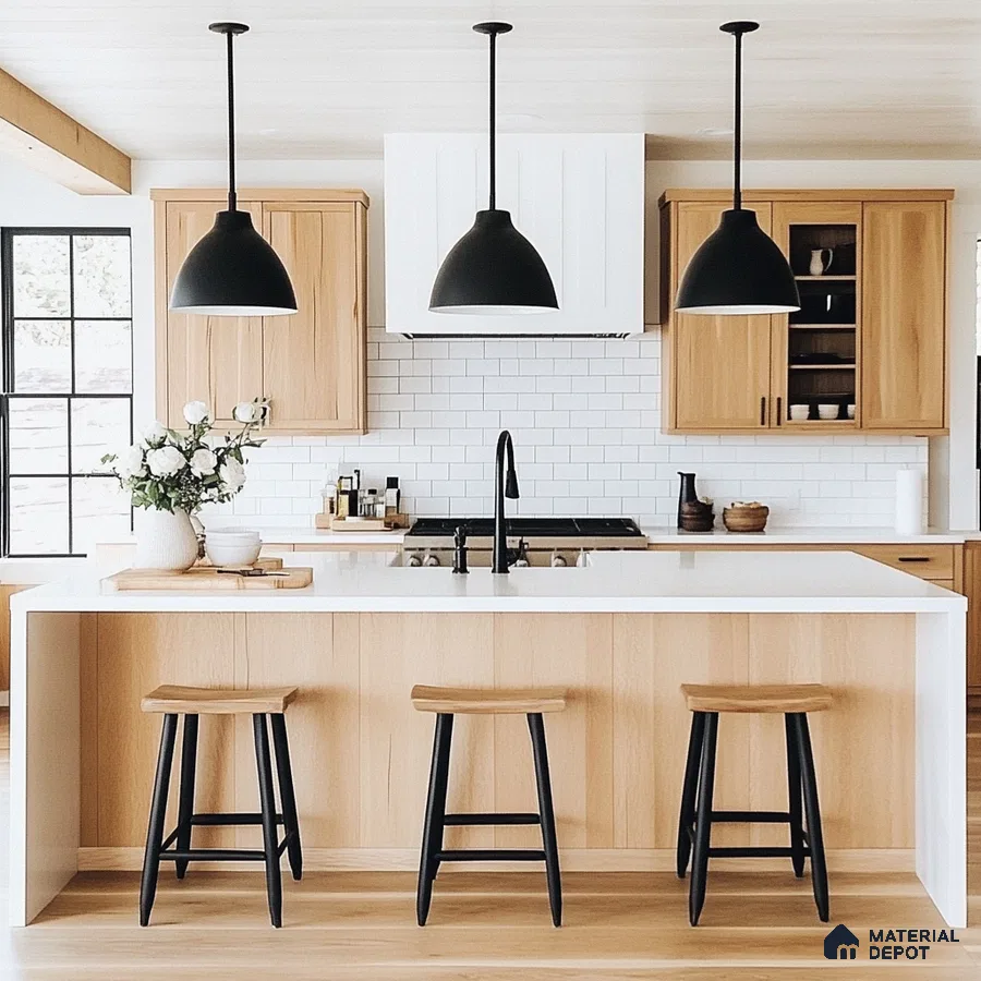 Modern Farmhouse Kitchen with Wood Accents and Black Pendant Lights | Material Depot