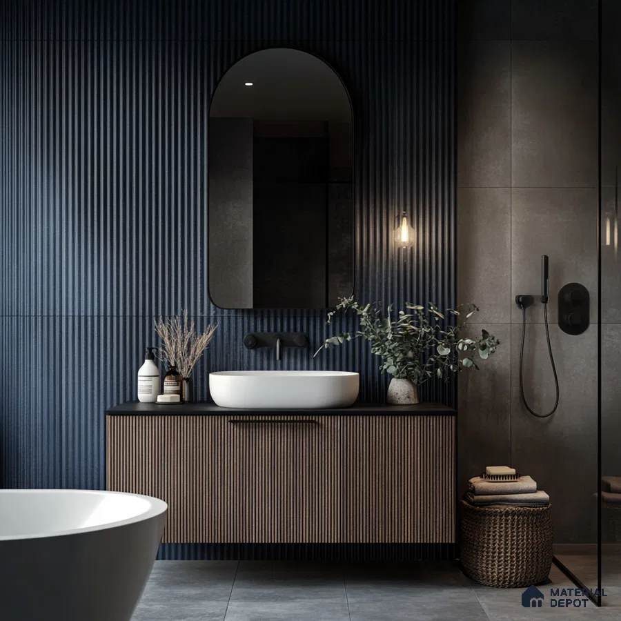 Modern Fluted Bathroom with Dark Accent Walls and Floating Vanity | Material Depot