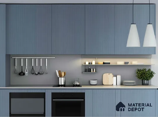 Bold Blue Kitchen with Chevron Tile Backsplash and Natural Wood Accents | Material Depot