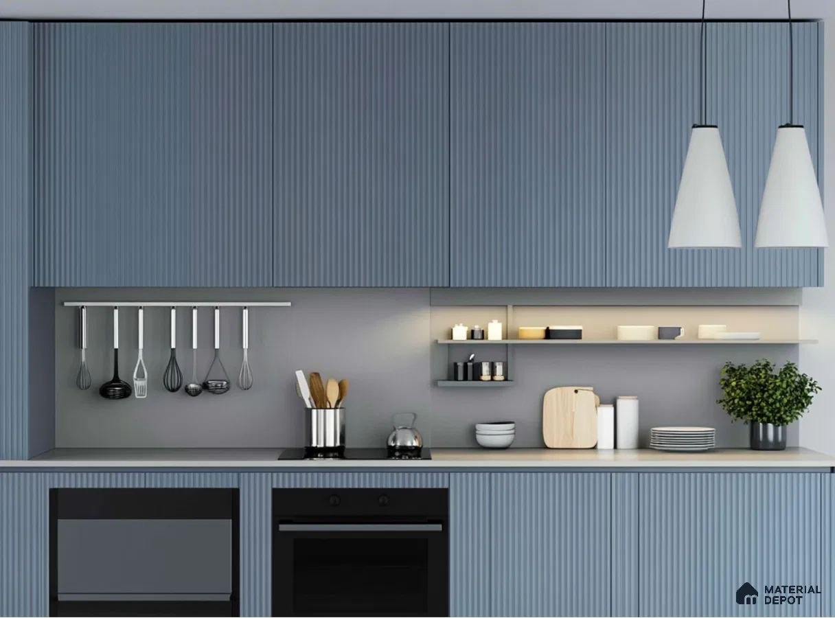Bold Blue Kitchen with Chevron Tile Backsplash and Natural Wood Accents | Material Depot