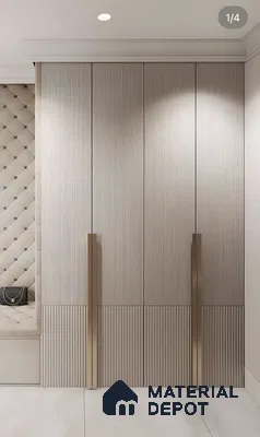 Modern Fluted Wardrobe With Gold Handles And Beige Wood Finish | Material Depot