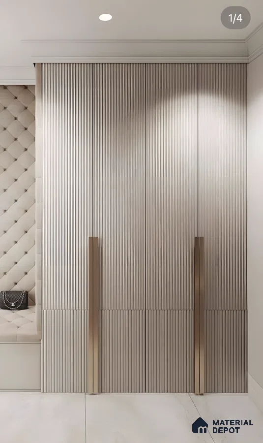 Modern Fluted Wardrobe With Gold Handles And Beige Wood Finish | Material Depot