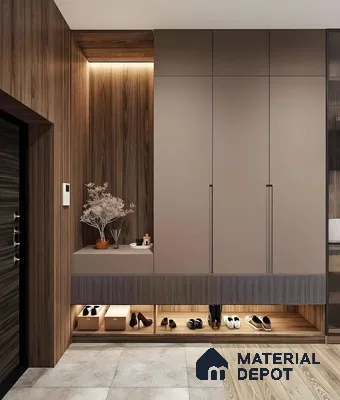 Modern Foyer Cabinet With Beige Wood And Fluted Panels | Material Depot