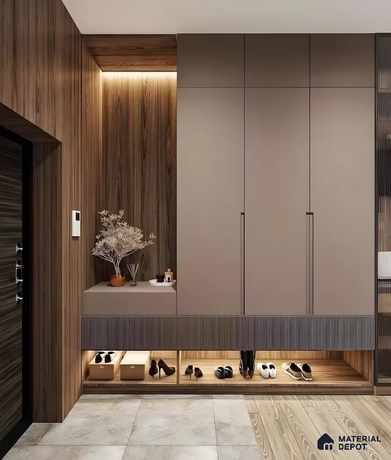 Modern Foyer Cabinet With Beige Wood And Fluted Panels | Material Depot