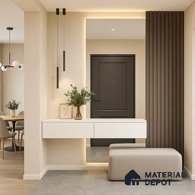 Modern foyer design in 2bhk apartment in Durga Petals Marathahalli Bengaluru | Material Depot