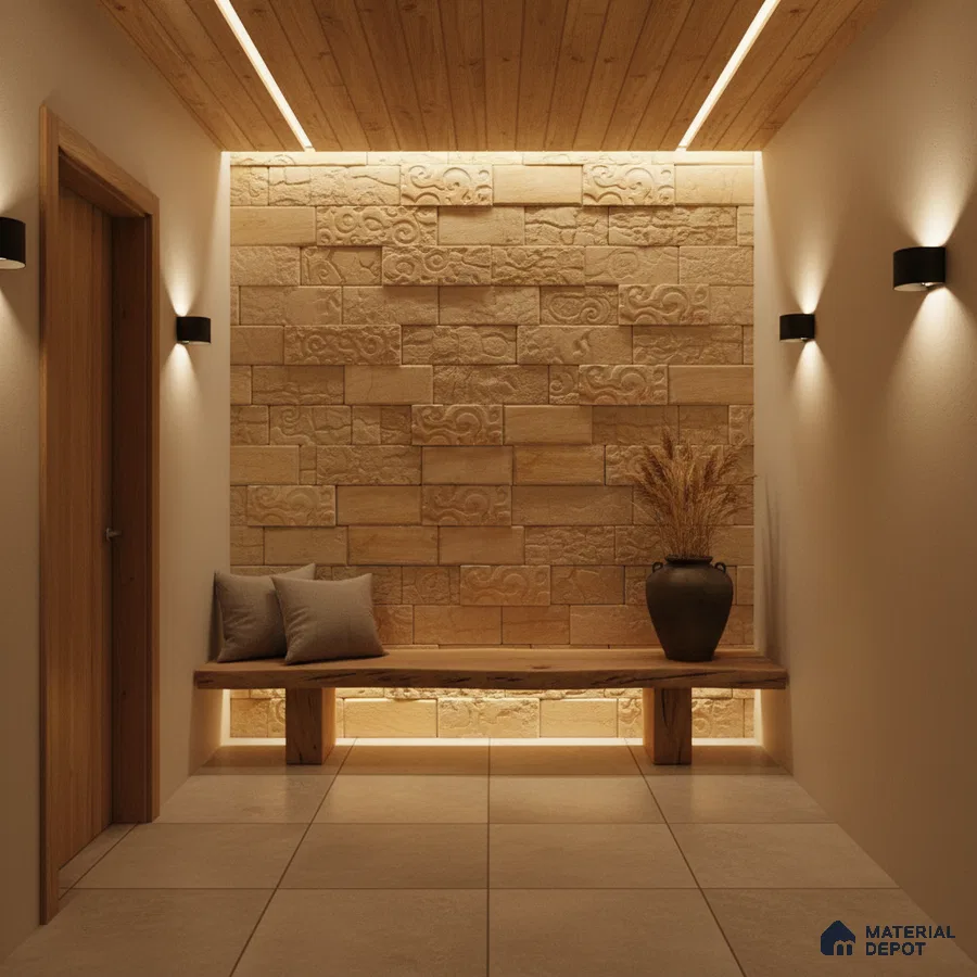 Modern foyer with beige stone cladding accent wall, wooden ceiling, and large format floor tiles in Bengaluru