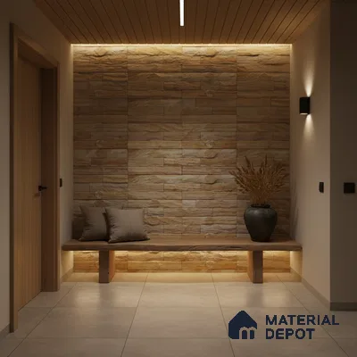 Modern foyer with beige stone cladding wall, wooden ceiling, and large format beige floor tiles in Bengaluru