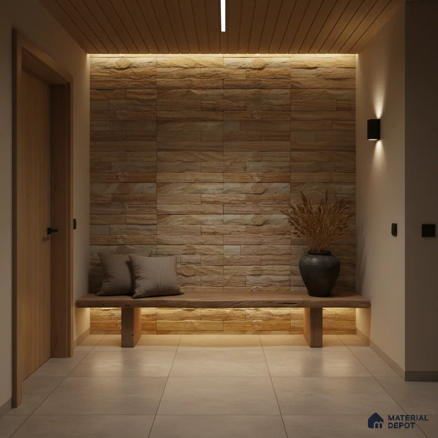 Modern foyer with beige stone cladding wall, wooden ceiling, and large format beige floor tiles in Bengaluru