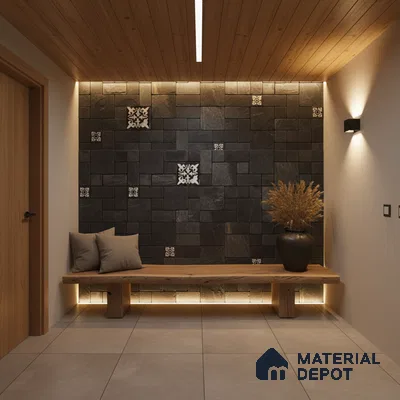 Modern foyer with black stone cladding, patterned accent tiles, and natural wood ceiling in Bengaluru
