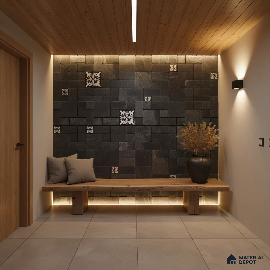 Modern foyer with black stone cladding, patterned accent tiles, and natural wood ceiling in Bengaluru