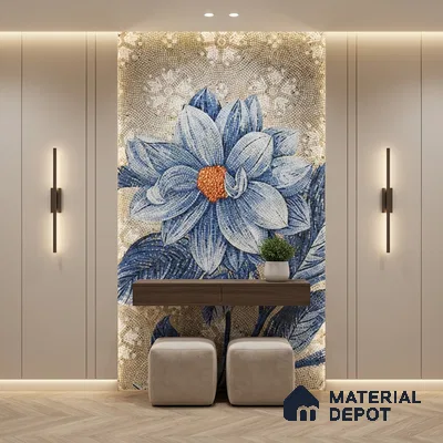 Modern foyer with blue floral mosaic poster wall mural tile accent wall and beige wall panels