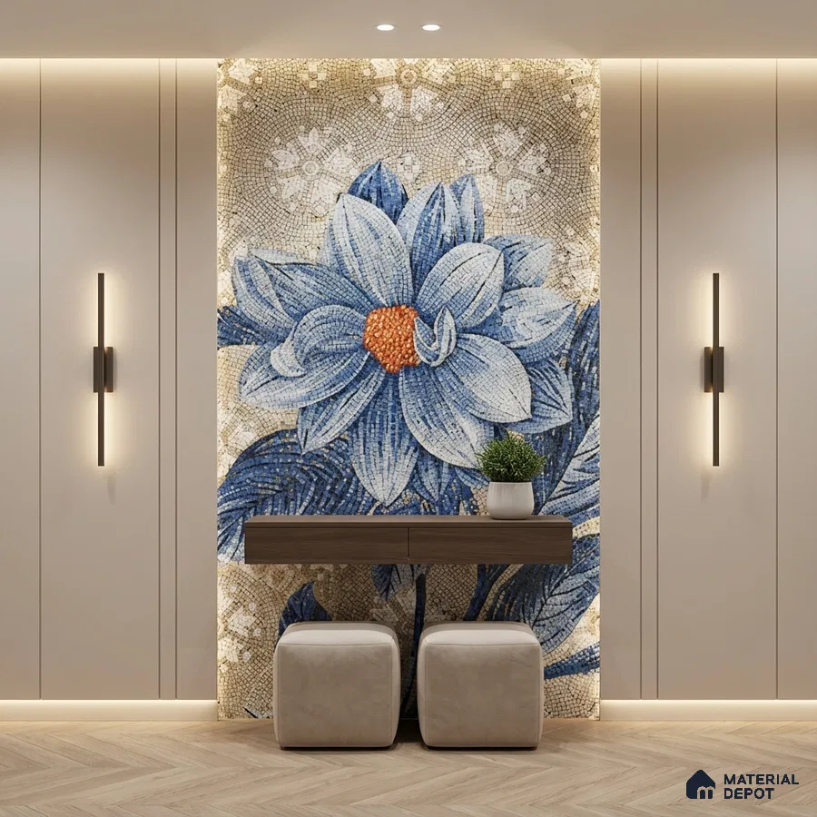 Modern foyer with blue floral mosaic poster wall mural tile accent wall and beige wall panels