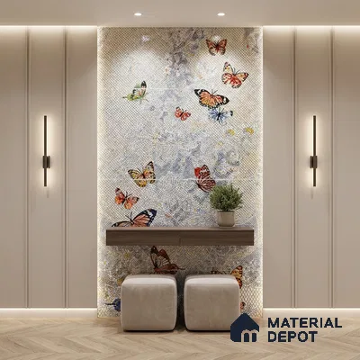 Modern foyer with butterfly mosaic accent wall, floating wood console, and herringbone wooden flooring