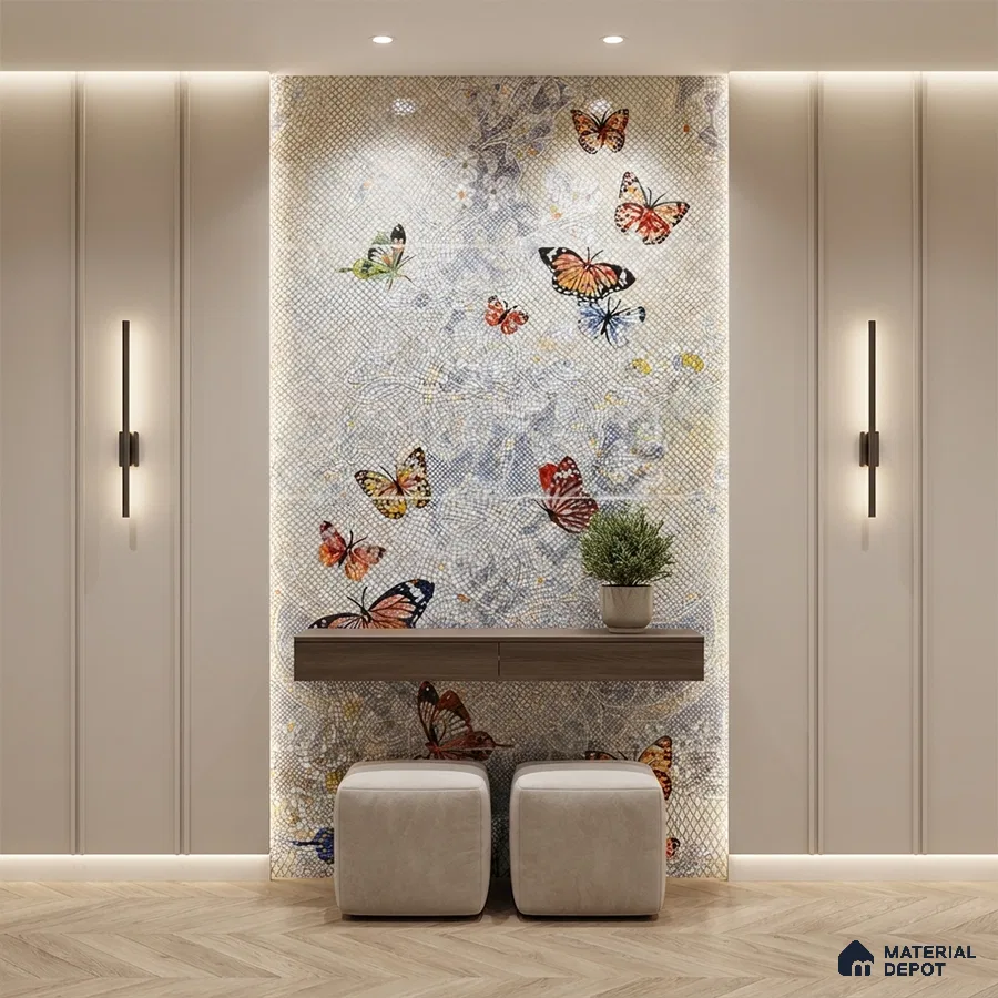 Modern foyer with butterfly mosaic accent wall, floating wood console, and herringbone wooden flooring