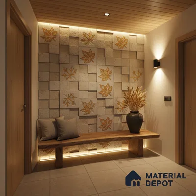 Modern foyer with carved stone accent wall, wooden bench, and warm neutral palette in Bengaluru