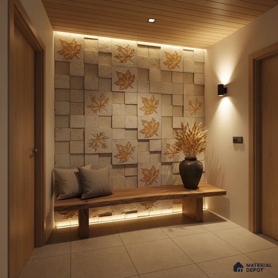 Modern foyer with carved stone accent wall, wooden bench, and warm neutral palette in Bengaluru
