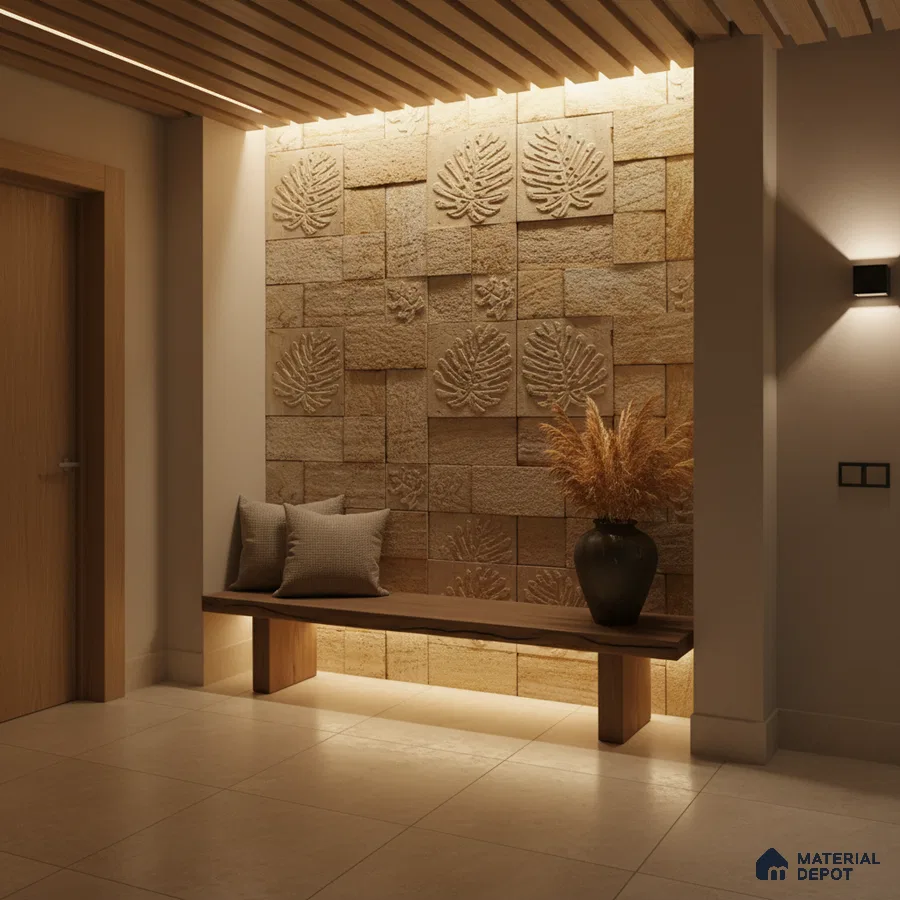 Modern foyer with carved stone cladding accent wall and wooden bench seating in Bengaluru