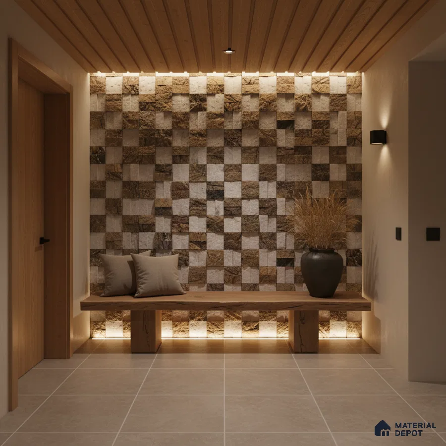 Modern foyer with checkered stone cladding accent wall and wooden ceiling panels in Bengaluru