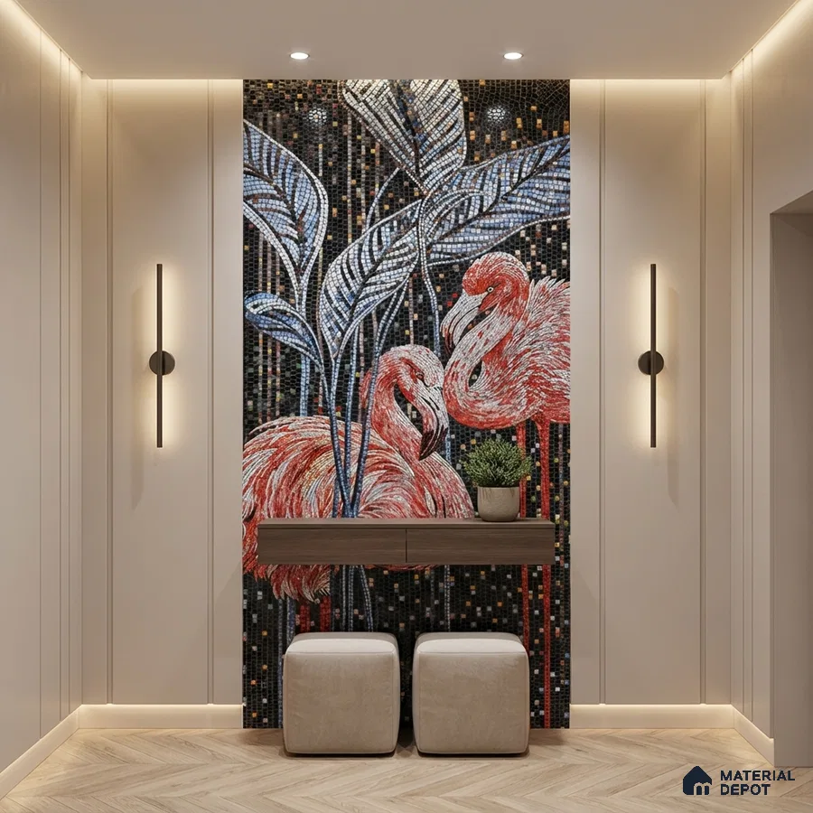 Modern foyer with flamingo mosaic highlighter wall and beige herringbone wooden flooring