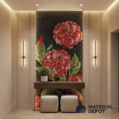 Modern foyer with floral mosaic accent wall and wood floating console