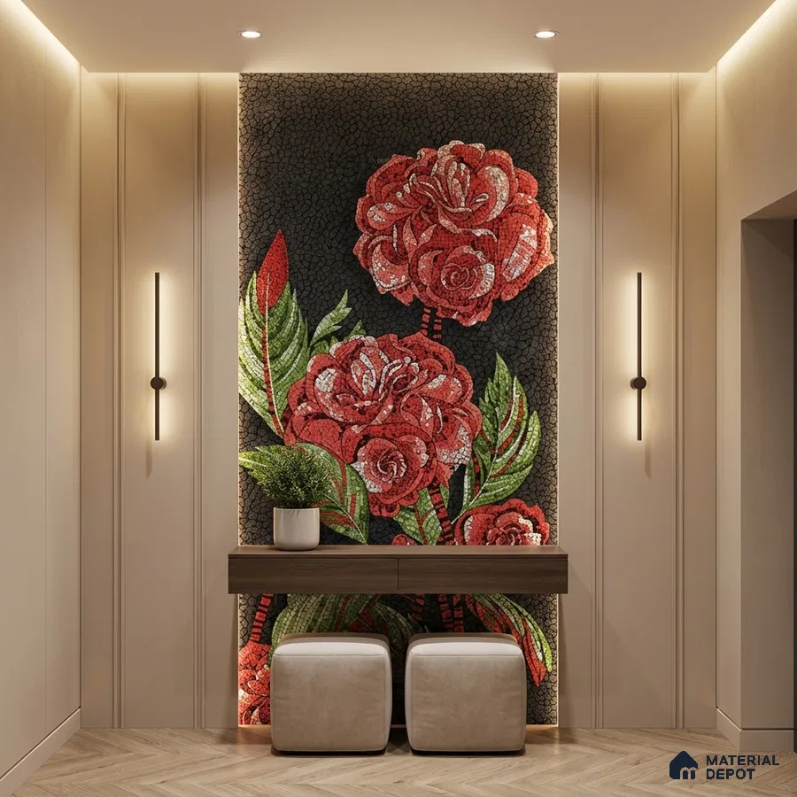 Modern foyer with floral mosaic accent wall and wood floating console