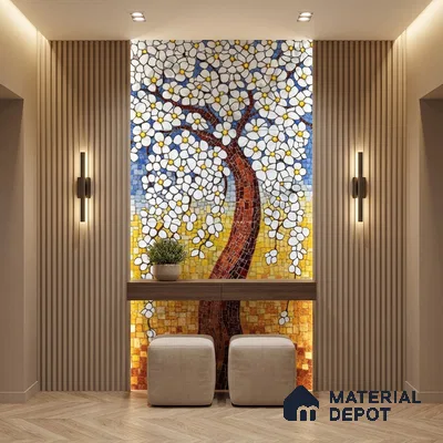 Modern foyer with floral mosaic poster wall mural tile accent wall and beige fluted wall panels