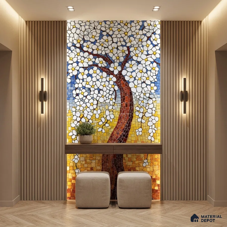 Modern foyer with floral mosaic poster wall mural tile accent wall and beige fluted wall panels