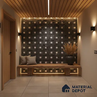 Modern foyer with geometric black stone accent wall, wooden ceiling louvers, and beige floor tiles in Bengaluru
