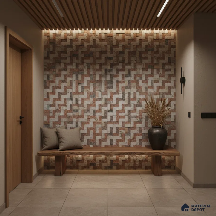 Modern foyer with geometric stone cladding accent wall and wooden bench in Bengaluru
