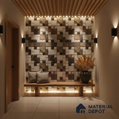 Modern foyer with geometric stone cladding accent wall and wooden louver ceiling in Bengaluru