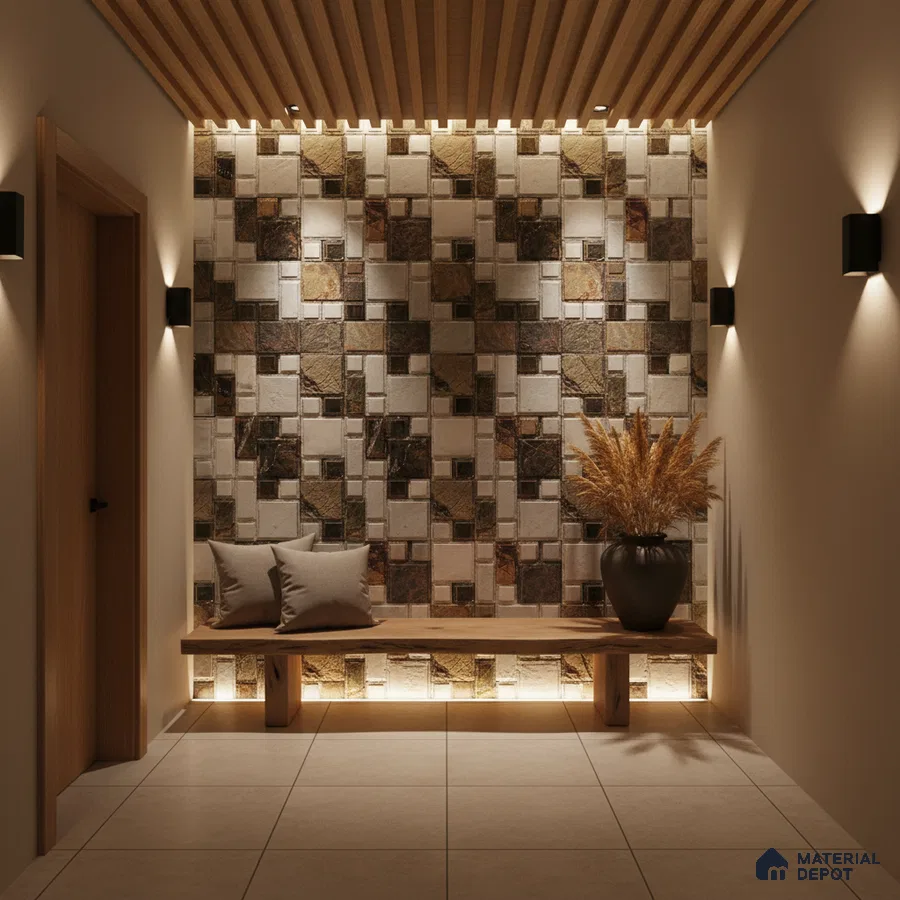 Modern foyer with geometric stone cladding accent wall and wooden louver ceiling in Bengaluru